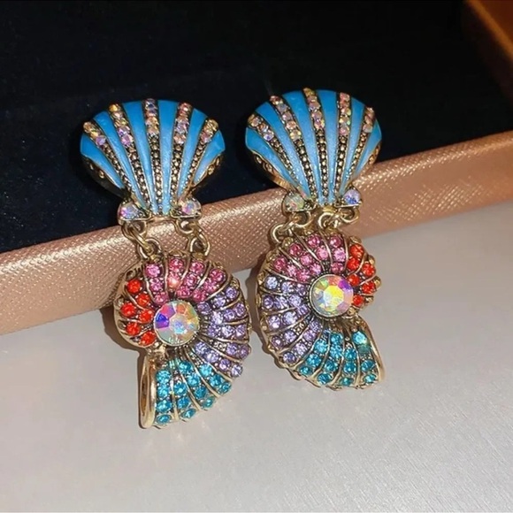 Anthropologie Seashell Blue Ocean Crystal Earrings - Picture 1 of 9
